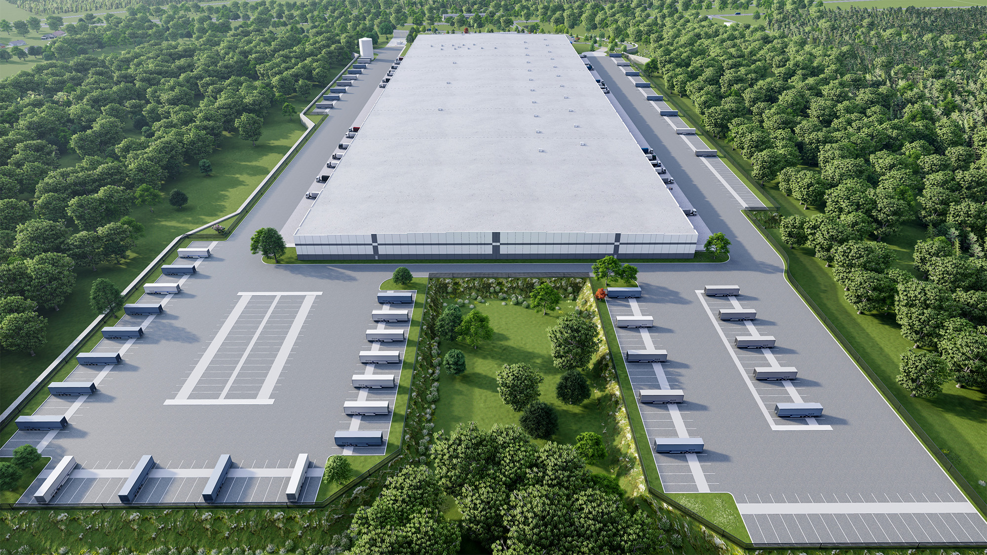 Aerial view of a large warehouse surrounded by dense greenery. The building is rectangular with a flat roof and features numerous loading docks on both sides. Parking areas flank the structure, and the scene is set within a lush, wooded landscape.