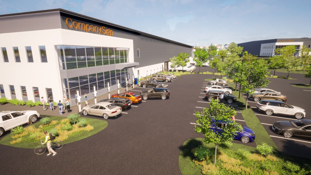 Exterior of a modern office building labeled Companysem with large glass windows. A parking lot is filled with cars, and people are walking or cycling nearby. The landscape includes trees and greenery under a partly cloudy sky.