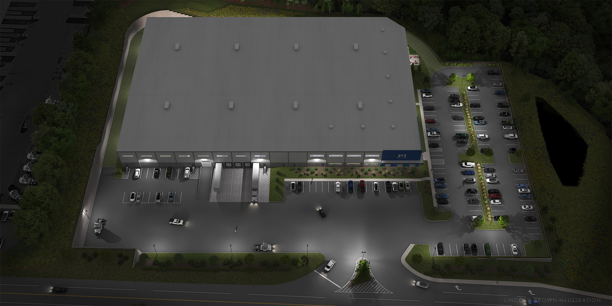 Aerial view of a large, illuminated warehouse facility at night. The building is surrounded by parking lots filled with cars. The scene is bordered by trees and a road runs along the bottom of the image.