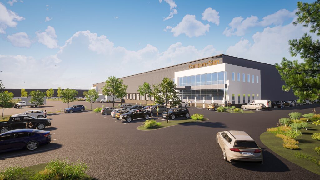 A large industrial building with a Company Sign facade, surrounded by a parking lot filled with cars. The sky is clear and sunny, with scattered clouds. Trees and greenery are visible around the premises.