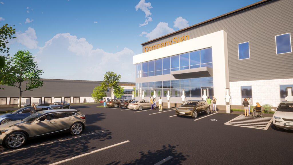 A modern office building with a large glass entrance and Company Sign displayed above. Several people are around the entrance. The parking lot has cars under a clear blue sky. Trees and shrubs line the driveway.