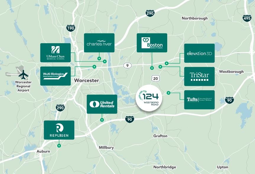 A map of Worcester, MA, highlighting various companies and locations, including UMass Chan, Charles River, WuXi Biologics, Repligen, United Rentals, Boston 124 Westborough Road, Elevation3D, TriStar, and Tufts, along with main roads and towns.