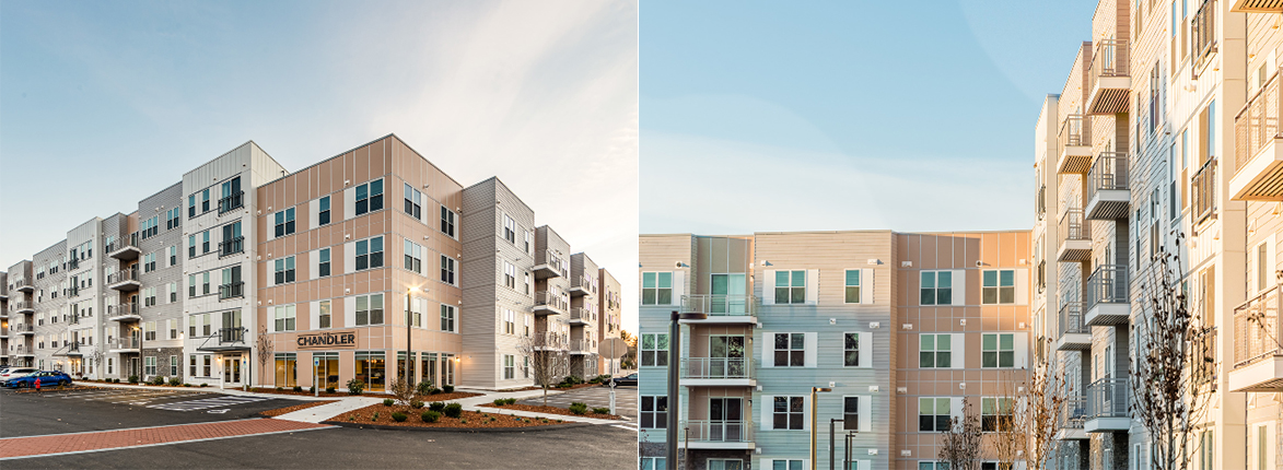 Two views of a modern apartment complex with beige and white accents. The left image shows the entrance labeled Chandler. The right image focuses on balconies and windows under a clear blue sky.