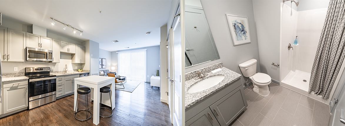 Split image: Left side shows a modern kitchen and living area with stainless steel appliances, an island with stools, and wooden flooring. Right side displays a bathroom with a shower, toilet, sink, and gray tile floor.