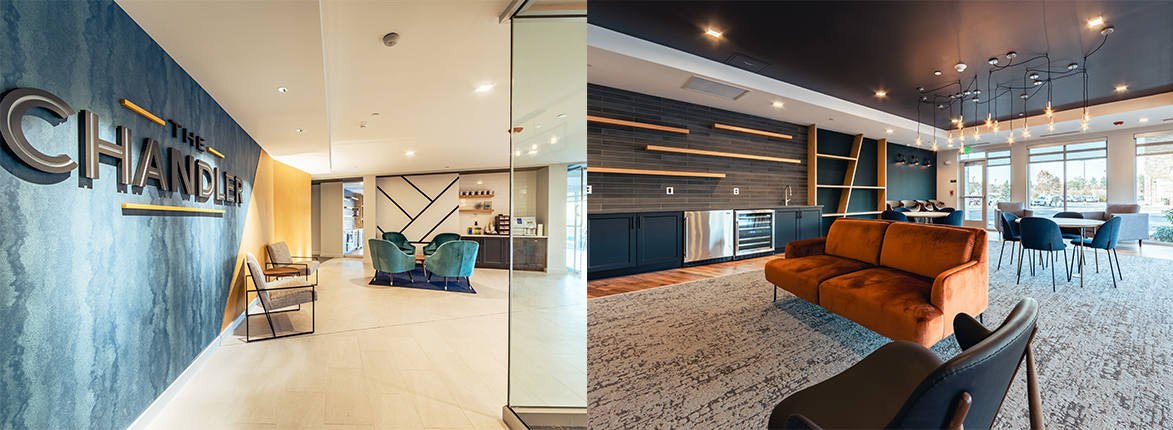 Split image: Left side shows a modern lobby area with blue walls, chairs, and The Chandler sign. Right side displays a chic lounge with wooden shelves, orange sofa, and stylish lighting.